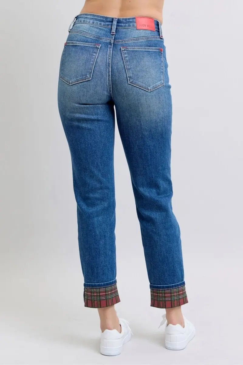 Judy Blue Full Size Plaid Print Cuff Straight Leg Jeans with Pockets - Love Salve